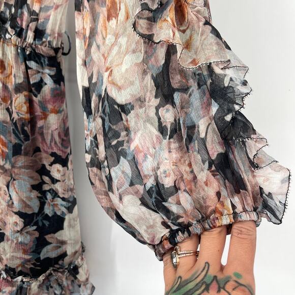 Zimmermann Floral Ruffle Playsuit Size 1 US Size 6 100% Silk Long Sleeve Romper - Picture 6 of 7